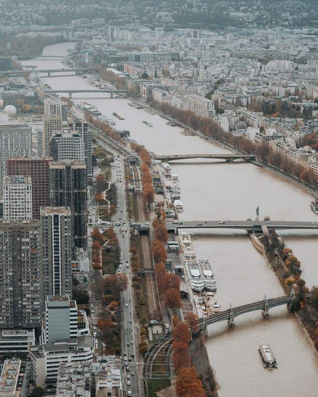 La Seine, l’île aux Cygnes et les tours du Front de Seine à Paris, vues en surplomb