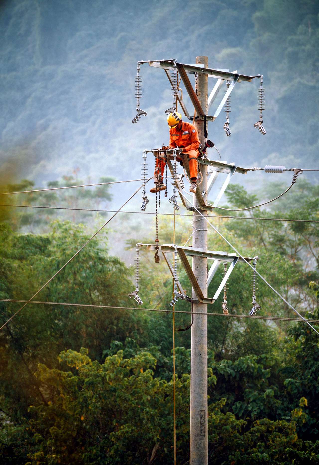 Monteur de lignes intervenant en hauteur sur un poteau de réseau électrique