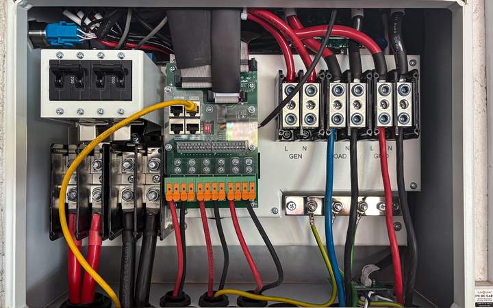 Intérieur d’un coffret électrique avec borniers, disjoncteurs et câbles colorés