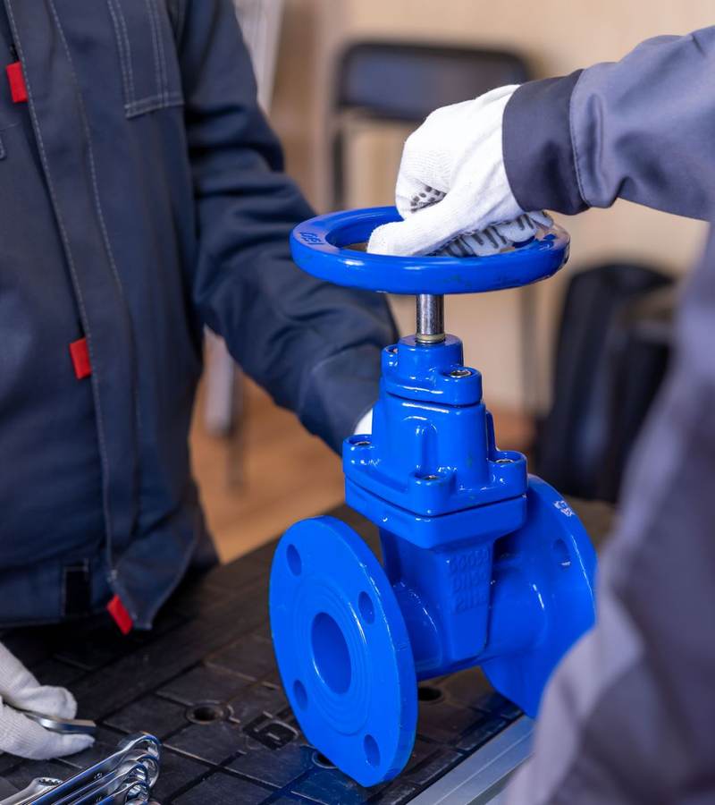Deux techniciens gantés manipulant une vanne à opercule bleue sur un établi