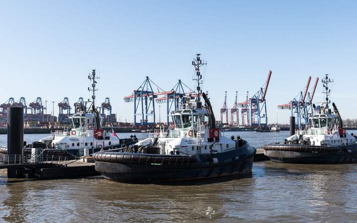 Remorqueurs amarrés à un ponton devant les portiques d’un terminal à conteneurs