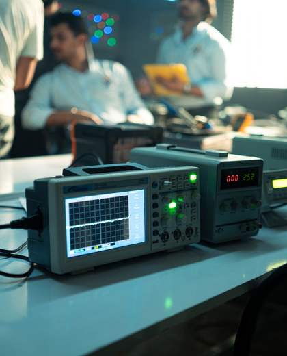 Oscilloscopes et alimentations de laboratoire sur un banc de mesure