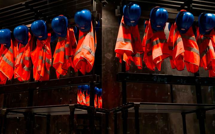 Casques bleus et vestes orange haute visibilité suspendus sur des portants dans un vestiaire