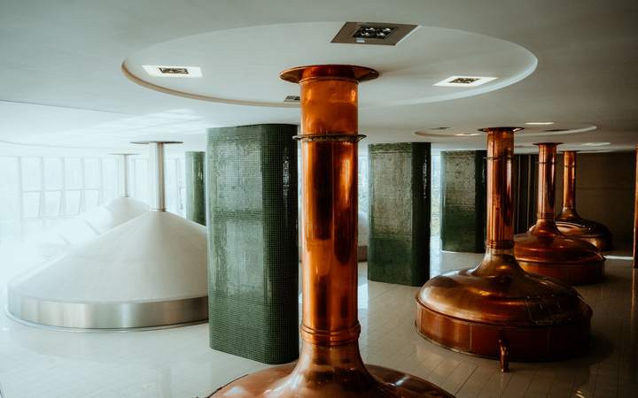 Salle de brassage avec cuves de cuisson en cuivre et sol carrelé clair