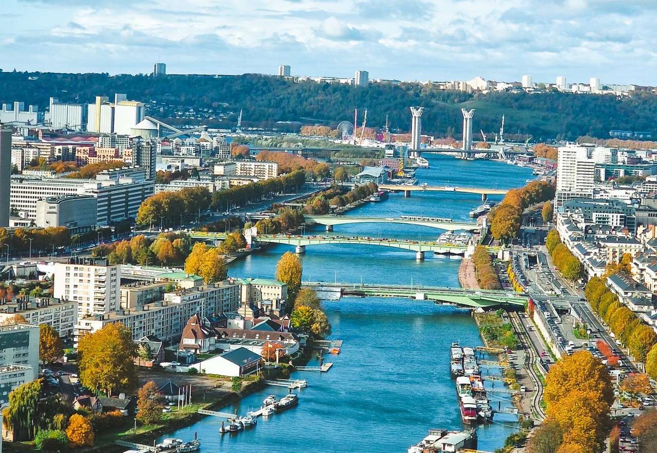La Seine à Rouen vue des hauteurs : ponts successifs et, au loin, les pylônes du pont Gustave-Flaubert et les silos du port