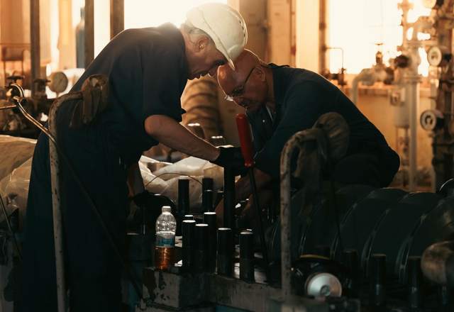 Deux techniciens penchés sur une machine industrielle dans un atelier en contre-jour