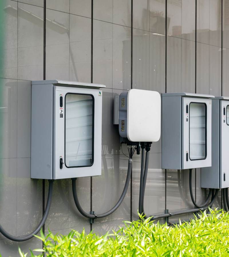 Armoires électriques extérieures et borne de recharge murale reliées par des gaines sur une façade