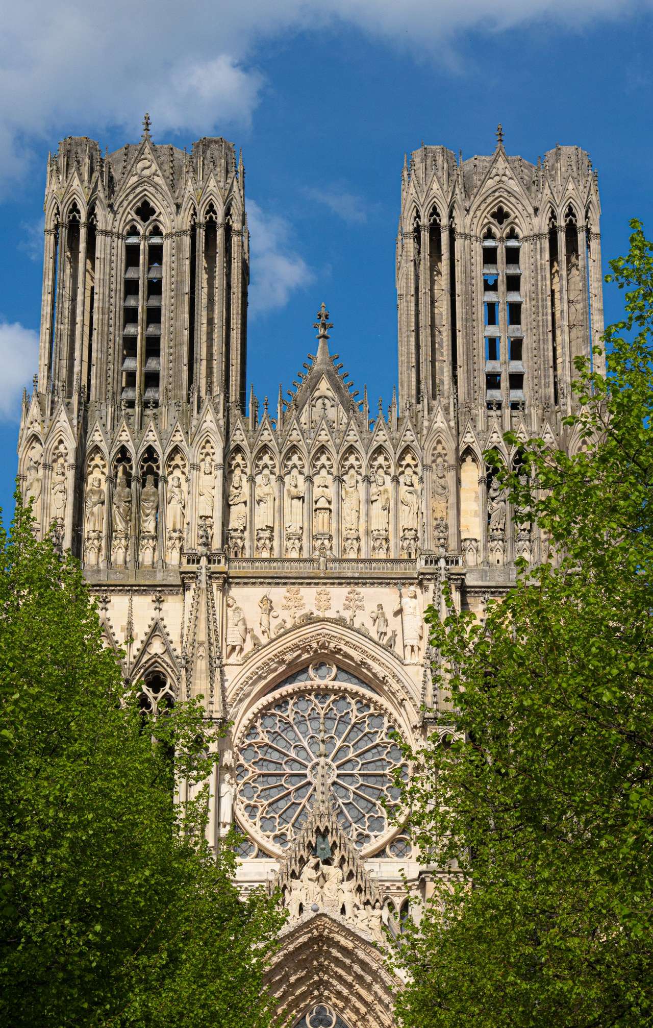 Façade occidentale et tours de la cathédrale Notre-Dame de Reims, encadrées par des arbres
