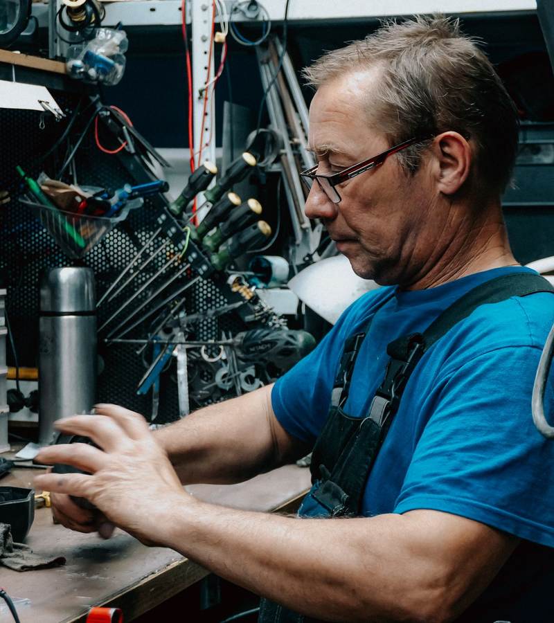 Technicien à lunettes réparant un moteur électrique sur son établi d’atelier encombré d’outils