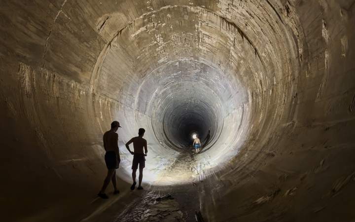 Silhouettes de deux personnes dans un tunnel circulaire en béton éclairé