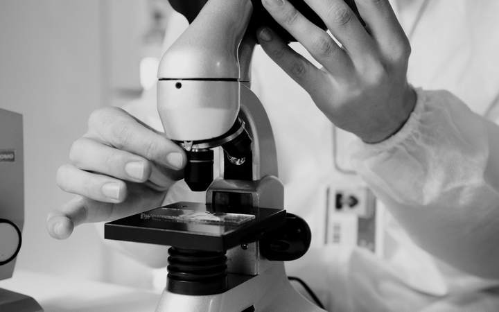 Mains d’un chercheur en blouse réglant un microscope de laboratoire, en noir et blanc
