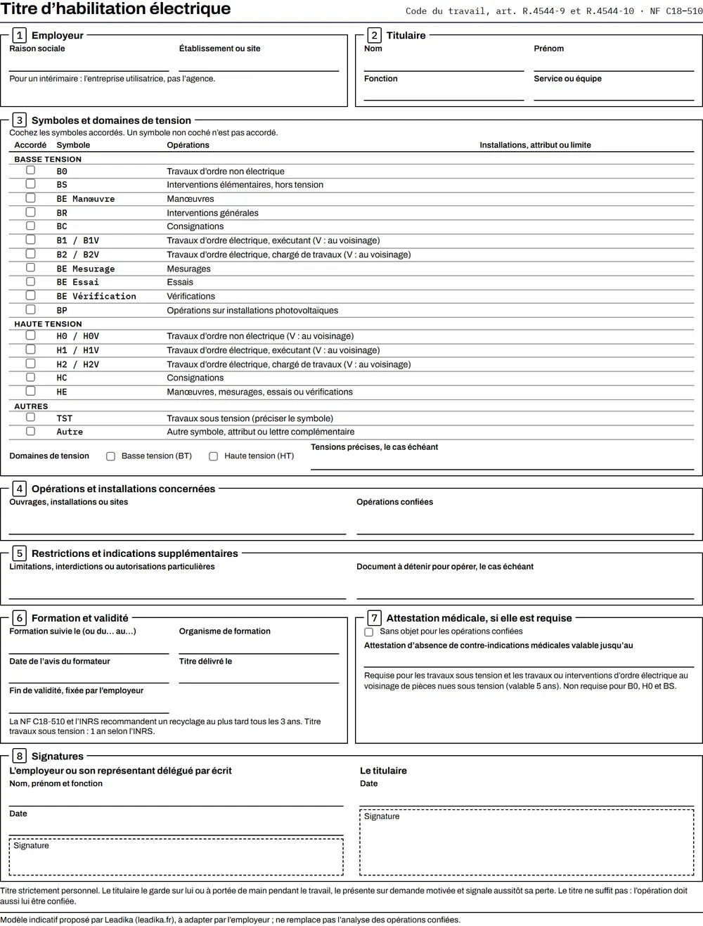 Modèle de titre d’habilitation électrique vierge à télécharger : employeur, titulaire, symboles BS, BR, B1V, BC, H0V, validité et signatures
